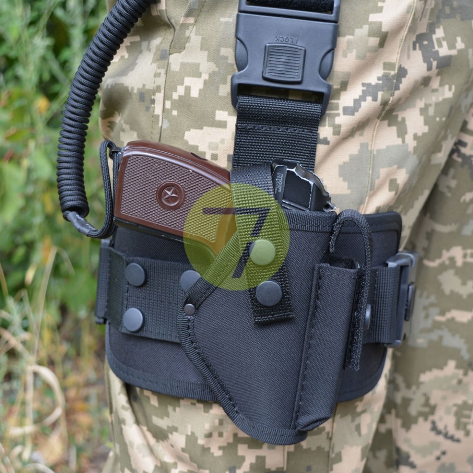 Кобура набедренная, поясная 2в1 с платформой синтетическая на ПМ черная со шнуром Кобура набедренная, поясная 2в1 с платформой синтетическая на ПМ черная со шнуром
