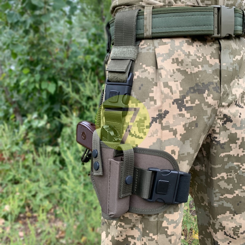 Кобура набедренная, поясная 2в1 с платформой синтетическая на ПМ олива со шнуром Кобура набедренная, поясная 2в1 с платформой синтетическая на ПМ олива со шнуром